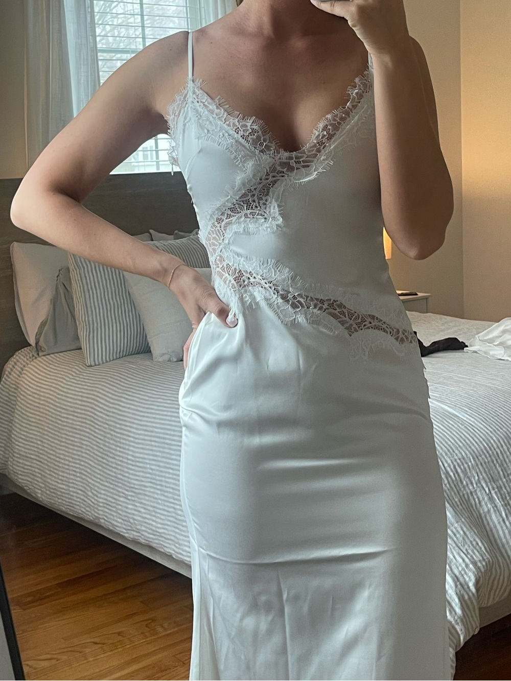 Peppermayo White Satin Lace-Trim Maxi Slip Dress